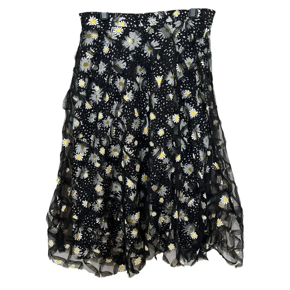 Eva Franco Midi Skirt Size 4 Tunisia Black Daisies Double Layer Overlay Tulle